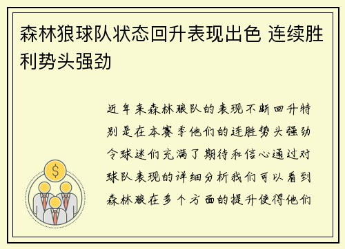 森林狼球队状态回升表现出色 连续胜利势头强劲