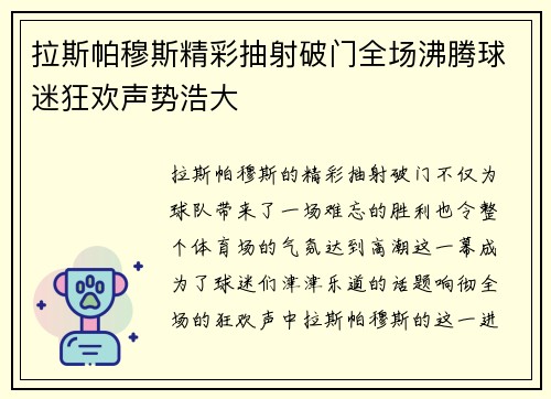 拉斯帕穆斯精彩抽射破门全场沸腾球迷狂欢声势浩大