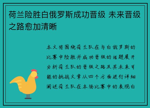 荷兰险胜白俄罗斯成功晋级 未来晋级之路愈加清晰